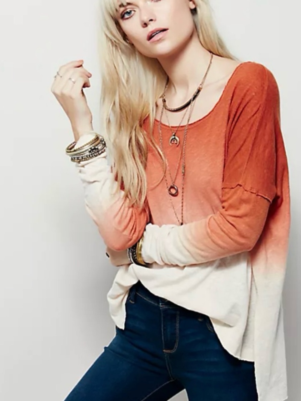 We The Free Starry Night Tee Orange Cream Ombre Long-Sleeve‎ Scoopneck M raw hem